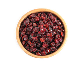 Bowl with cranberries on white background, top view. Dried fruit as healthy snack