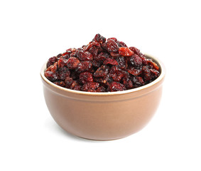 Bowl with cranberries on white background. Dried fruit as healthy snack