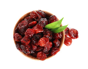 Bowl with cranberries on white background, top view. Dried fruit as healthy snack