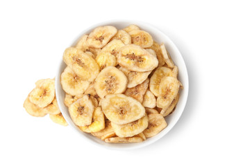 Bowl with sweet banana slices on white background, top view. Dried fruit as healthy snack
