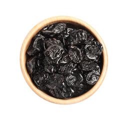 Bowl of tasty prunes on white background, top view. Dried fruit as healthy snack