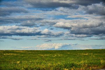 textured clouds over green fields in iceland