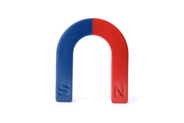 Red and blue horseshoe magnet isolated on white