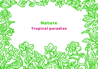 Vector template of wild tropical bird, nature. Art sketch floral border