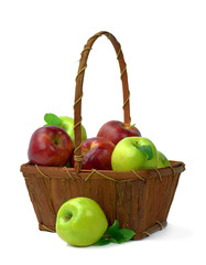 Basket of apples on white background . Tasty apples with green leaves.