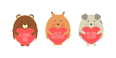Vector cartoon style illustration of Valentine's day romantic gift card with cute animals holding heart in his hands. Be My Valentine text.
