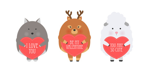 Vector cartoon style illustration of Valentine's day romantic gift card with cute animals holding heart in his hands. Be My Valentine text.