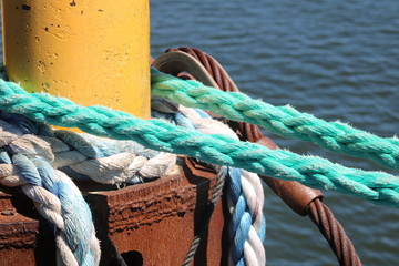 Fototapeta premium Ropes and equipment on large passenger ferry boat during summer a vacation 