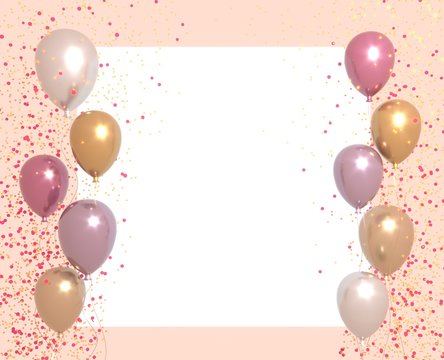 Party banner with balloons on bright background and place for text. Happy birthday cards design. Festive or present 3d rendering decoration concept.