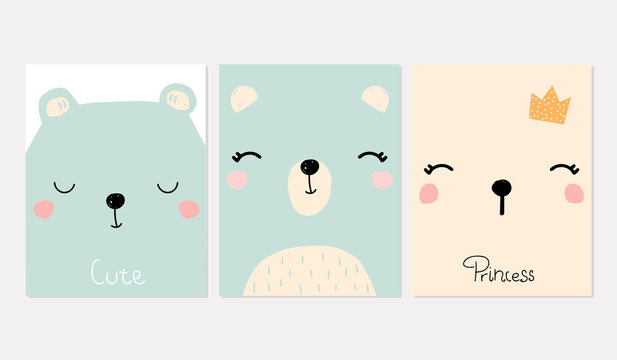 Cute kids print with bear faces and quotes. Vector hand drawn illustration.