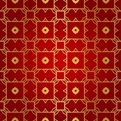 Luxury geometric pattern. Seamless vector illustration. Golden ornament on red color background