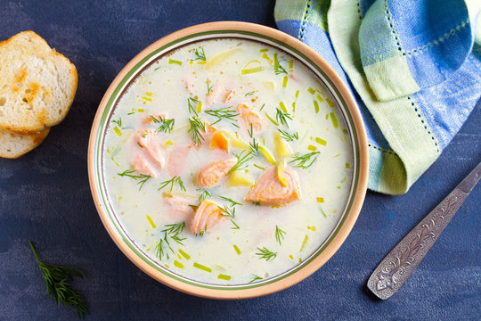 Salmon Soup. Creamy Hearty Salmon Fish Soup. Clean Eating, Healthy And Diet Food Concept. View From Above, Top Studio Shot