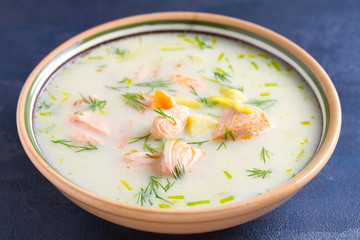 Salmon soup. Creamy hearty salmon fish soup. Clean eating, healthy and diet food concept