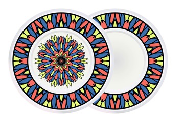 Porcelain plate with mandala ornament. Vector illustration. Isolated. Tribal ethnic ornament with mandala. Home decor vector illustration.