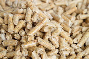 Wooden pellets close up with selective foocus. Alternative biofuel from sawdust for burning in furnaces and stoves. Cat and hamster litter.