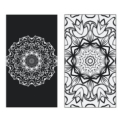Balck, white two flyer pages ornament illustration concept. Art traditional, Islam, Arabic, Indian, magazine, elements with mandala. Vector greeting card or invitation layout design
