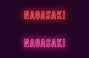Neon name of Nagasaki city in Japan. Vector text