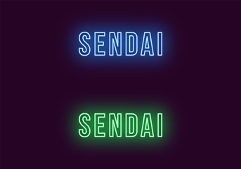 Neon name of Sendai city in Japan. Vector text