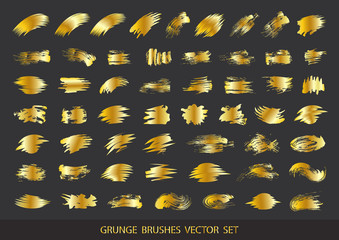 Set of gold paint, ink brush strokes, brushes, lines. Dirty artistic design elements, boxes, frames for text. Vector illustration.