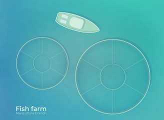 Mariculture. Fish farm in open sea water in special protected ponds. Vector top view illustration.