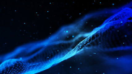 Fototapeta na wymiar Abstract background with dynamic blue wave. Particle placement with hanging dots in space. Large data background. 3D rendering.