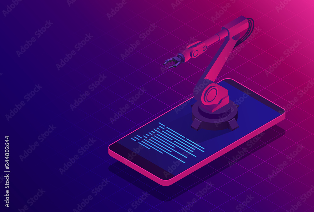 Poster isometric artificial intelligence. chat bot and future marketing. ai and business iot concept. mans 