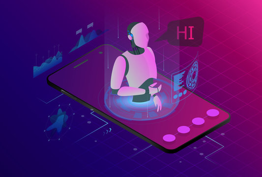 Isometric artificial intelligence. Chat bot and future marketing. AI and business IOT concept. Mans and women chatting with chatbot application. Dialog help service. Vector illustration.