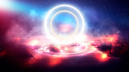 Empty dark street, reflection of neon light in the puddles of the night city. Neon circle in the center, magical glow, light, rays, smoke.