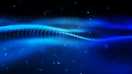 Abstract background with dynamic blue wave. Particle placement with hanging dots in space. Large...