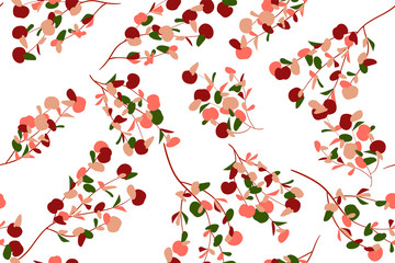 Autumn Seamless Pattern with Eucalyptus Leaves. Foliage Natural Branches. Decorative Background in Vintage Style. Seamless Eucalyptus Pattern for Fabric, Textile, Wrapping Paper, Cloth, Dress, Print.