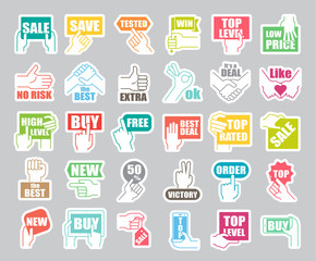 Hands holding messages. Hand gestures. Set of hand and shopping icons. Premium quality symbol collection.