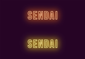 Neon name of Sendai city in Japan. Vector text