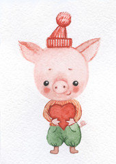 hand drawn watercolor character/Fun piggy with red heart/birthday,love card