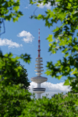 Naklejka premium Looking onto Hamburg's television tower against blue sky through green tree branches