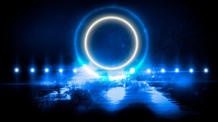 Empty dark street, reflection of neon light in the puddles of the night city. Neon circle in the center, magical glow, light, rays, smoke.