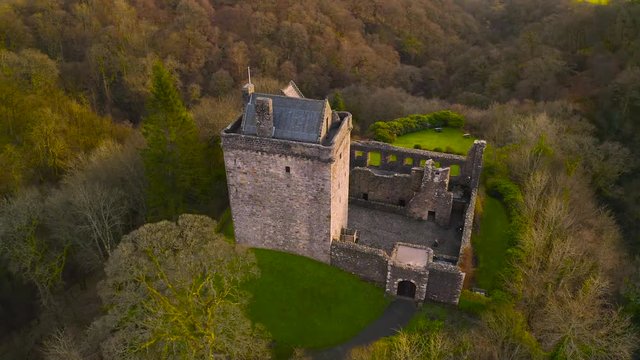 Aerial view of Medieval Castle Campbell ruin at Glen Dollar, Clackmannanshire, Scotland