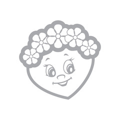 Vector illustration of the character heart girl with a wreath from flowers on the head. Fiery flame of love in the children's picture of the animation character. Monochrome.