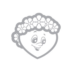 The vector illustration of the children's character heart the boy with a wreath from flowers on the head. Fiery flame of love in the children's picture of the animation character. Monochrome.