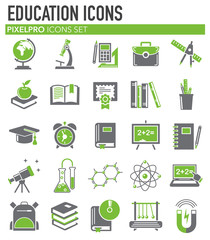 Education grey green icons set on white background for graphic and web design, Modern simple vector sign. Internet concept. Trendy symbol for website design web button or mobile app