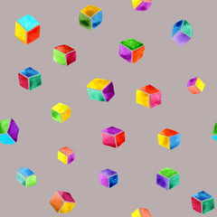 Abstract watercolor seamless pattern of multicolored 3d cubes on a taupe background