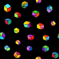 Abstract watercolor seamless pattern of multicolored 3d cubes on a black background