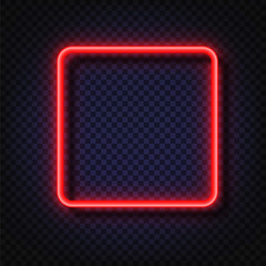 Neon light square banner. Vector Neon light frame sign. Realistic glowing red neon square frame isolated on transparent background. Shining and glowing neon effect