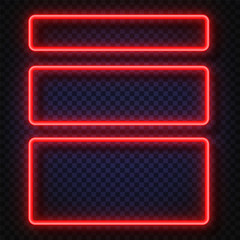 Neon light banners set. Vector Neon light frame sign. Realistic glowing red neon frames isolated on transparent background. Shining and glowing neon effect. Plates with a place for inscriptions