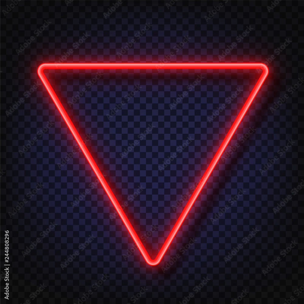 Poster neon light triangular banner. vector neon light frame sign. realistic glowing red neon triangular fr