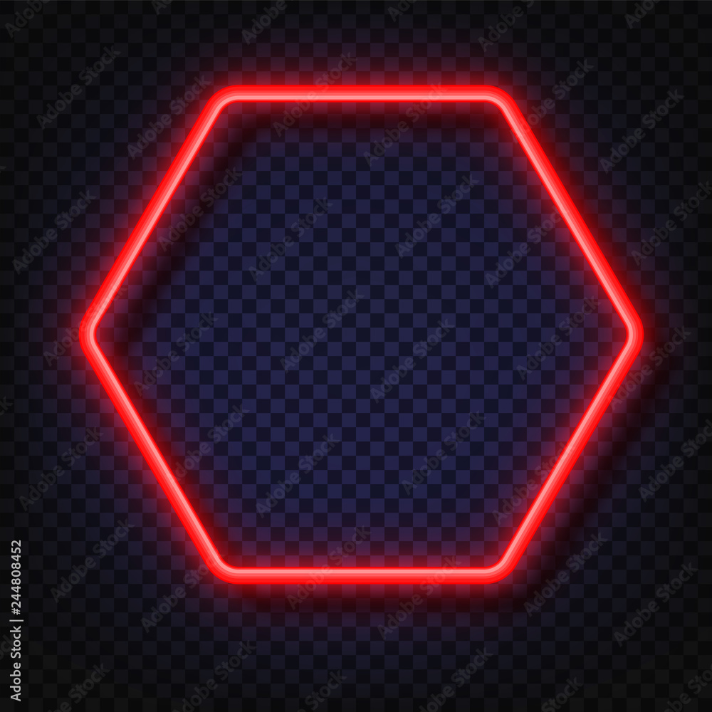 Poster neon light hexagonal banner. vector neon light frame sign. realistic glowing red neon hexagonal fram