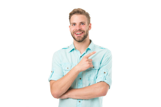 Find solution. Man with bristle smiling face white background. Guy happy find solution. Achieve success. Man with beard happy about solution. Celebrate good result. Solution for all problems