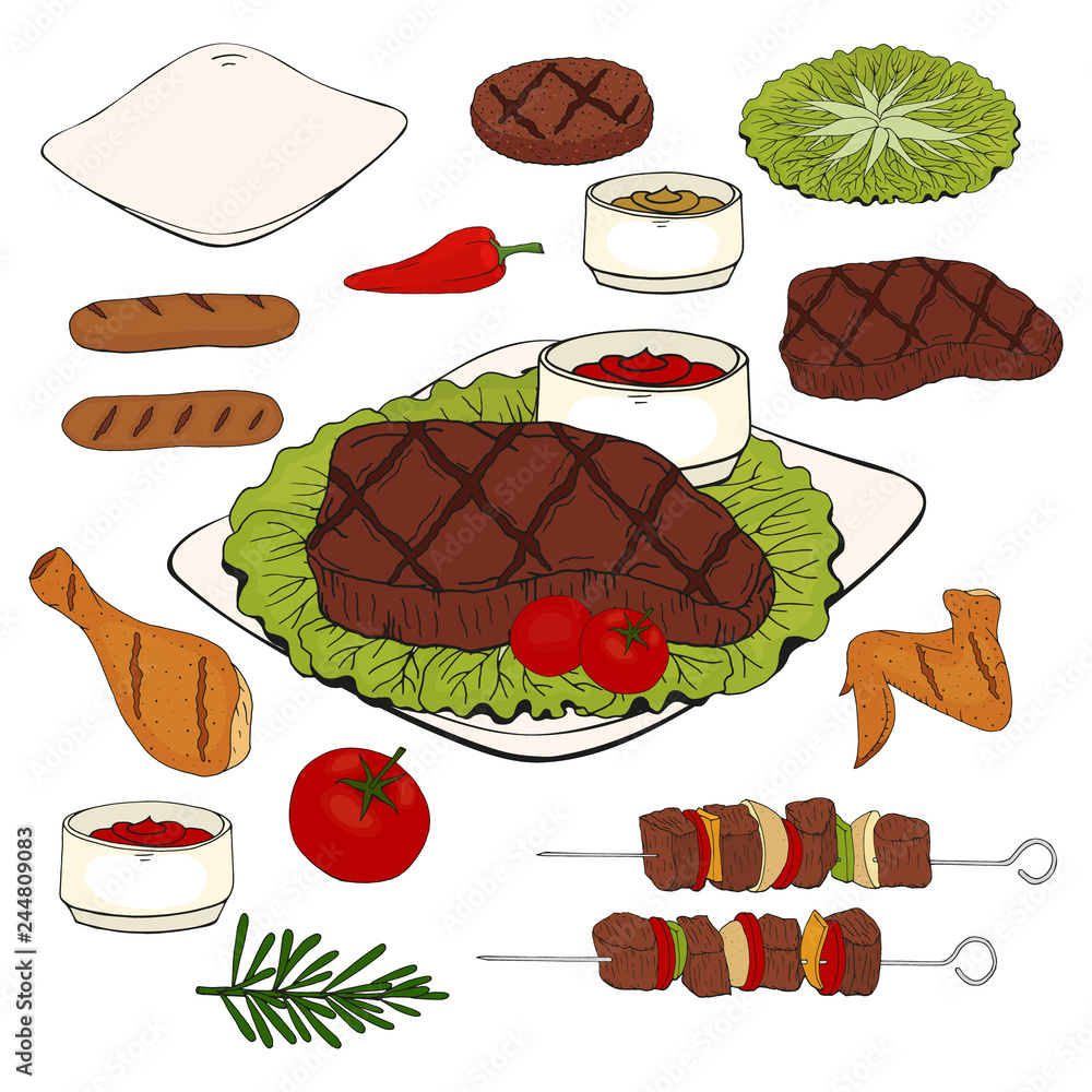 Poster set of hand drawn bbq objects. isolated image. vector illustration.