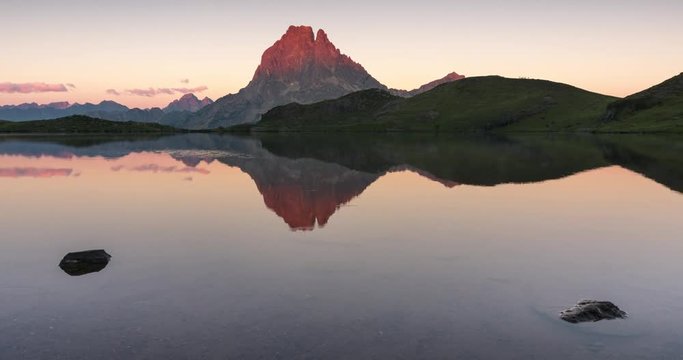 Sunset at Lac Gentau, French Pyrenees. Midi D&not;&yen;Ossau reflection.