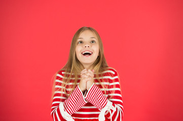 Make a wish. Hope for the best. Girl hopeful excited face making wish. Believe in miracle. Child...