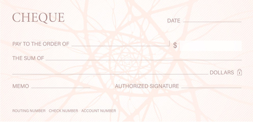 Check, Cheque (Chequebook template). Guilloche pattern with abstract line watermark. Background hi detailed for banknote, money design, currency, bank note, Voucher, Gift certificate, Money coupon